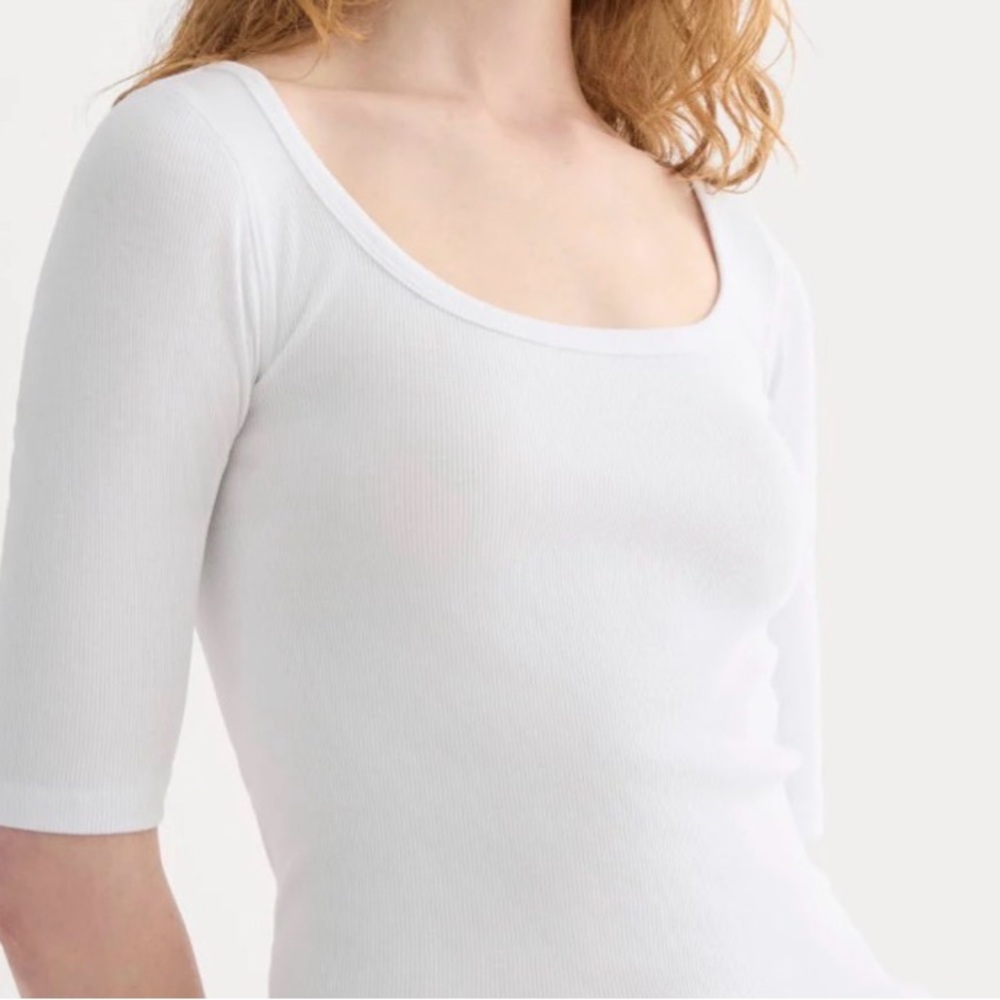 Everlane Pima Cotton Scoop Neck Ribbed Half Sleeve Stretch White Pullover Top S